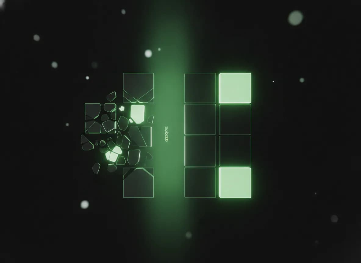 A ragged grid of cells passing through a band of light and emerging uniform, with some cells deliberately obscured.
