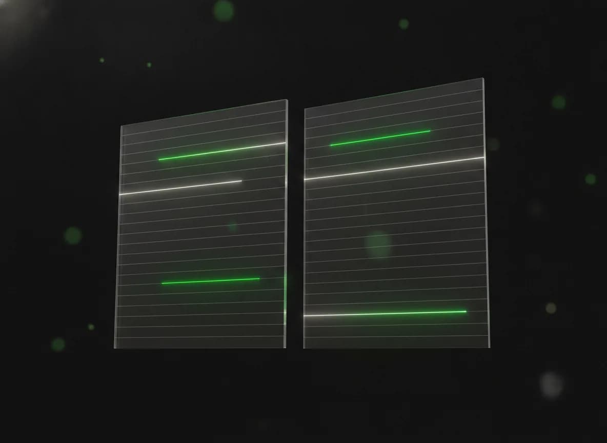 Two parallel planes of data rows with the differing rows flaring green.